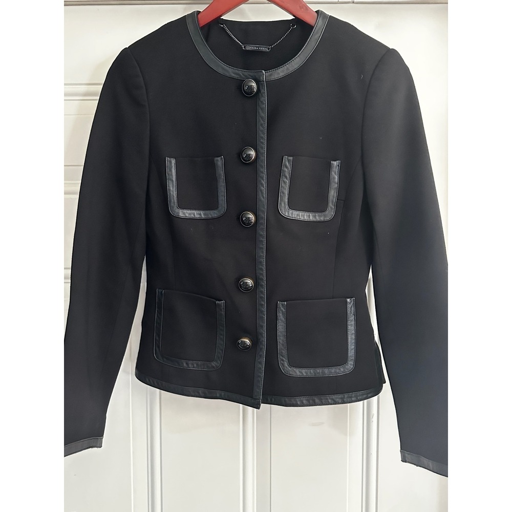 Trina Turk Black Trimmed Button-Front Collarless Jacket / Blazer
